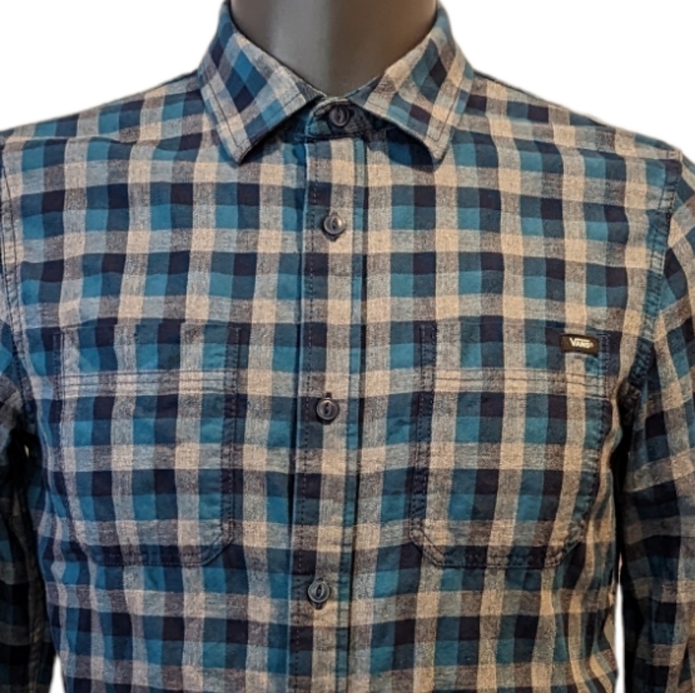 2/$20 Vans Blue Check  Button Front Shirt Slim Fit Small Long Sleeve